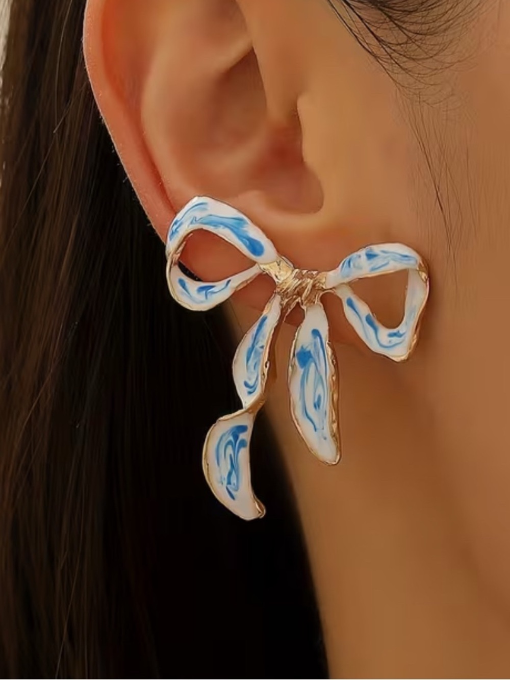 Gold Bow Drop Earrings with White and Blue Enamel